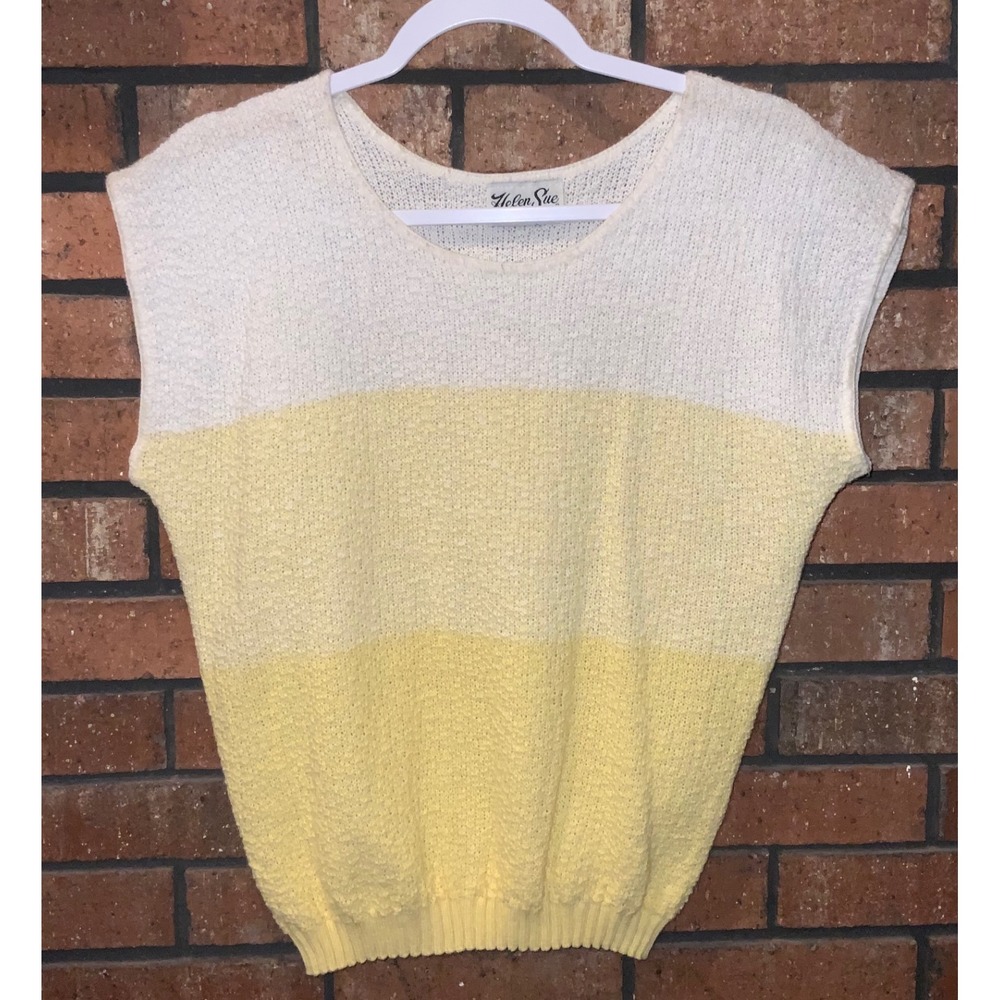 Vintage Helen Sue Sleeveless Knit Sweater Vest Color Block Yellow White USA Made